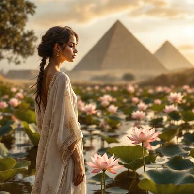 The primary subject of the image is a woman standing in a field of flowers, with a backdrop of a pyramid in the distance. The setting appears to be a lush, natural environment. The visual style of the image is a combination of photo and digital art, creating a vibrant and colorful scene. The dominant colors in the image are pink and purple, giving the scene a serene and peaceful atmosphere.